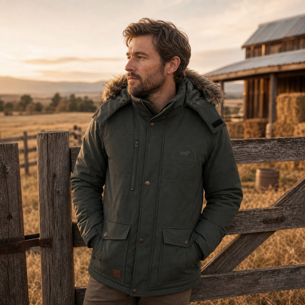 Mens Cederberg Parka Jacket Olive - male model farm gate
