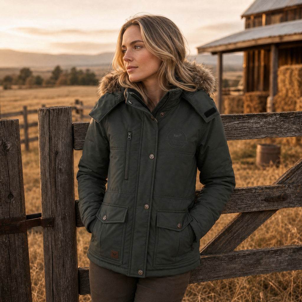 Ladies Cederberg Parka Jacket Olive - female model farm gate